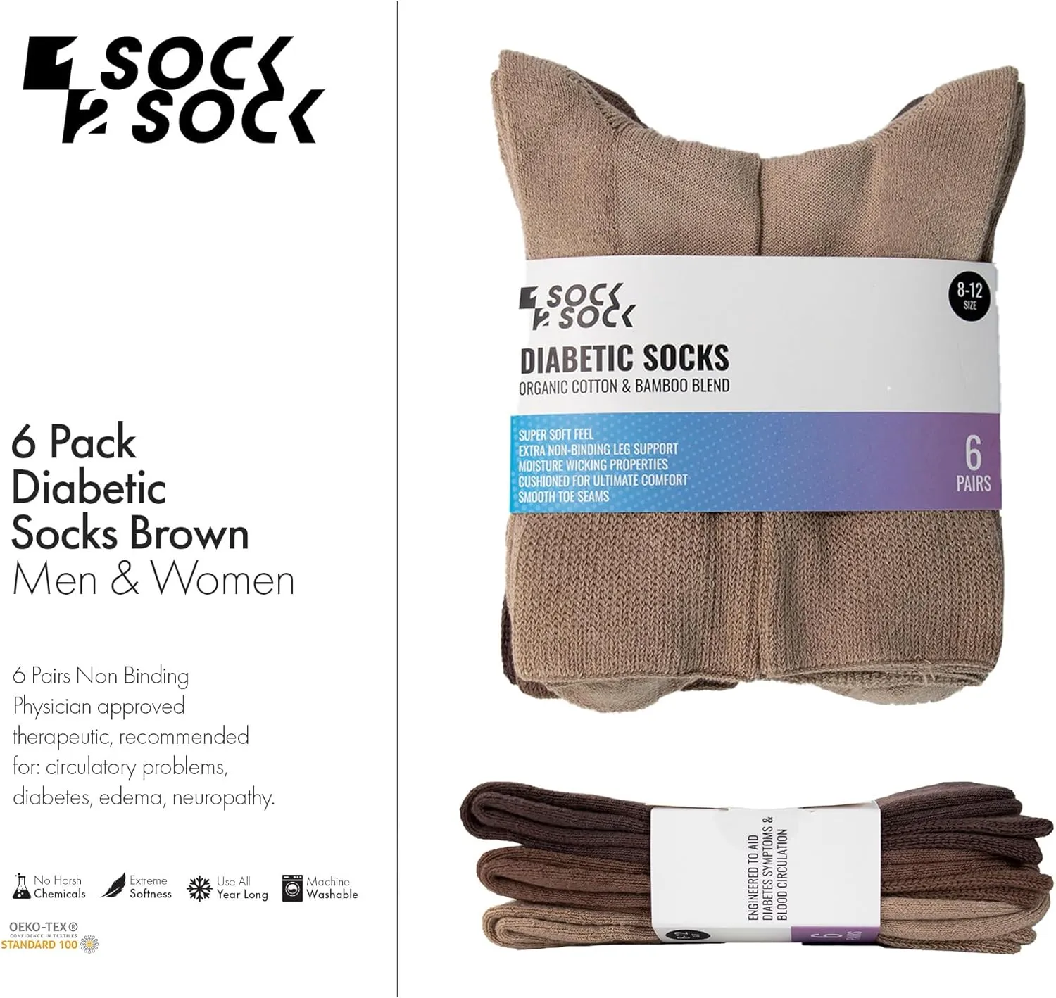 1SOCK2SOCK 6 Pack Diabetic Crew Socks, Therapeutic, Non-Binding Circulatory Silky Soft Cushioned Socks