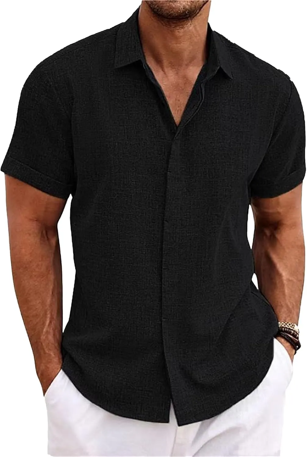 2 Pack Men's Short Sleeve Button Down Shirts Summer Casual Cotton Linen Shirt Lightweight Breathable Summer Tops