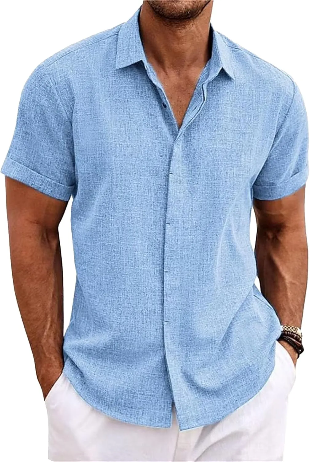 2 Pack Men's Short Sleeve Button Down Shirts Summer Casual Cotton Linen Shirt Lightweight Breathable Summer Tops