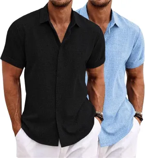 2 Pack Men's Short Sleeve Button Down Shirts Summer Casual Cotton Linen Shirt Lightweight Breathable Summer Tops