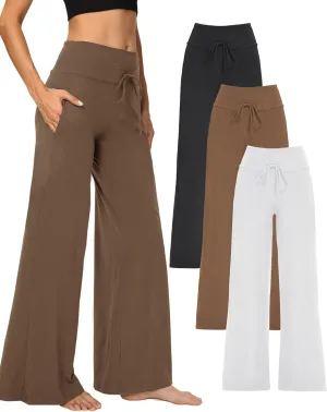 3 Pack Wide Leg Yoga Pants for Women, Comfy Lounge Pajama Sweatpants Loose Causal Palazzo with Pockets
