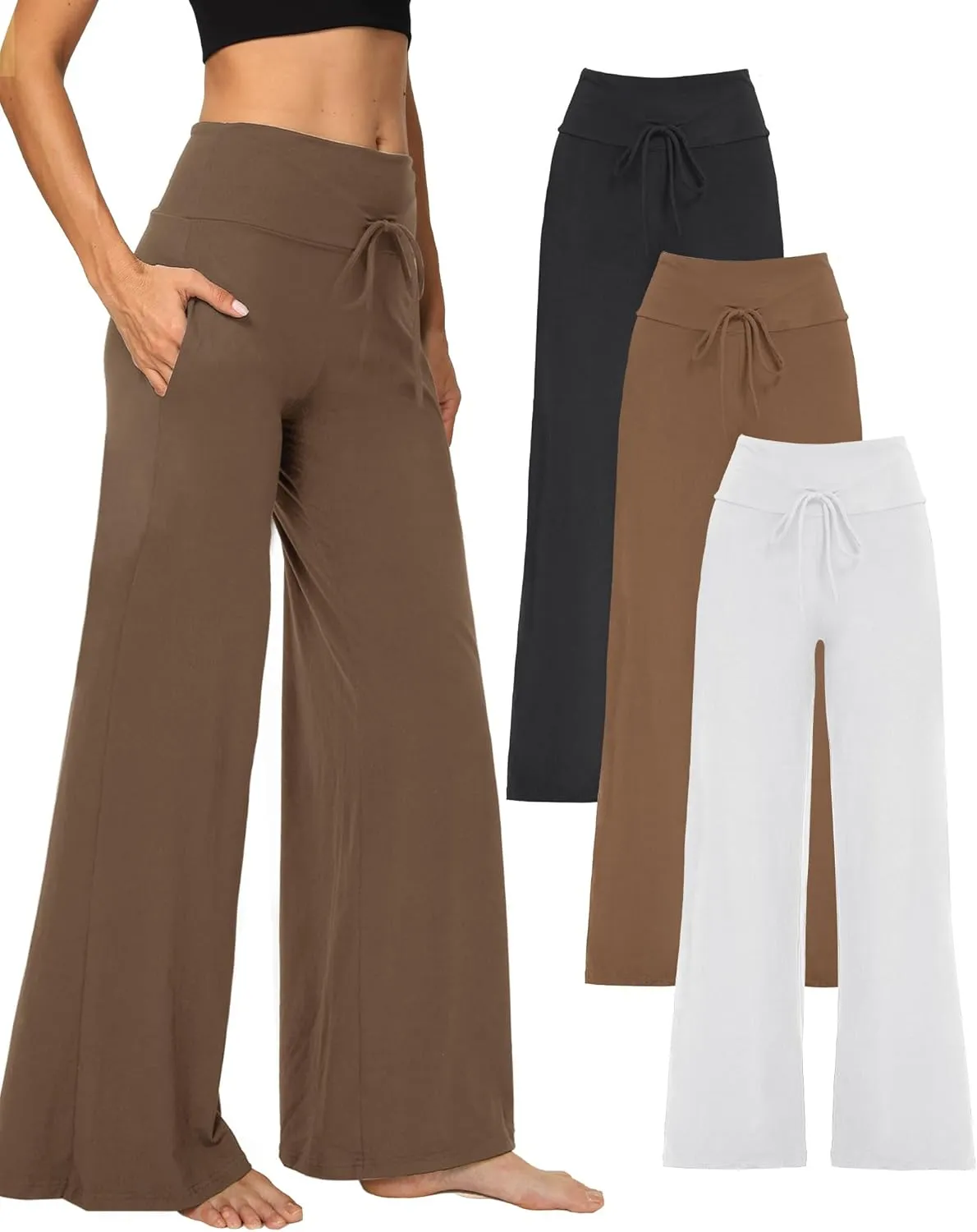3 Pack Wide Leg Yoga Pants for Women, Comfy Lounge Pajama Sweatpants Loose Causal Palazzo with Pockets