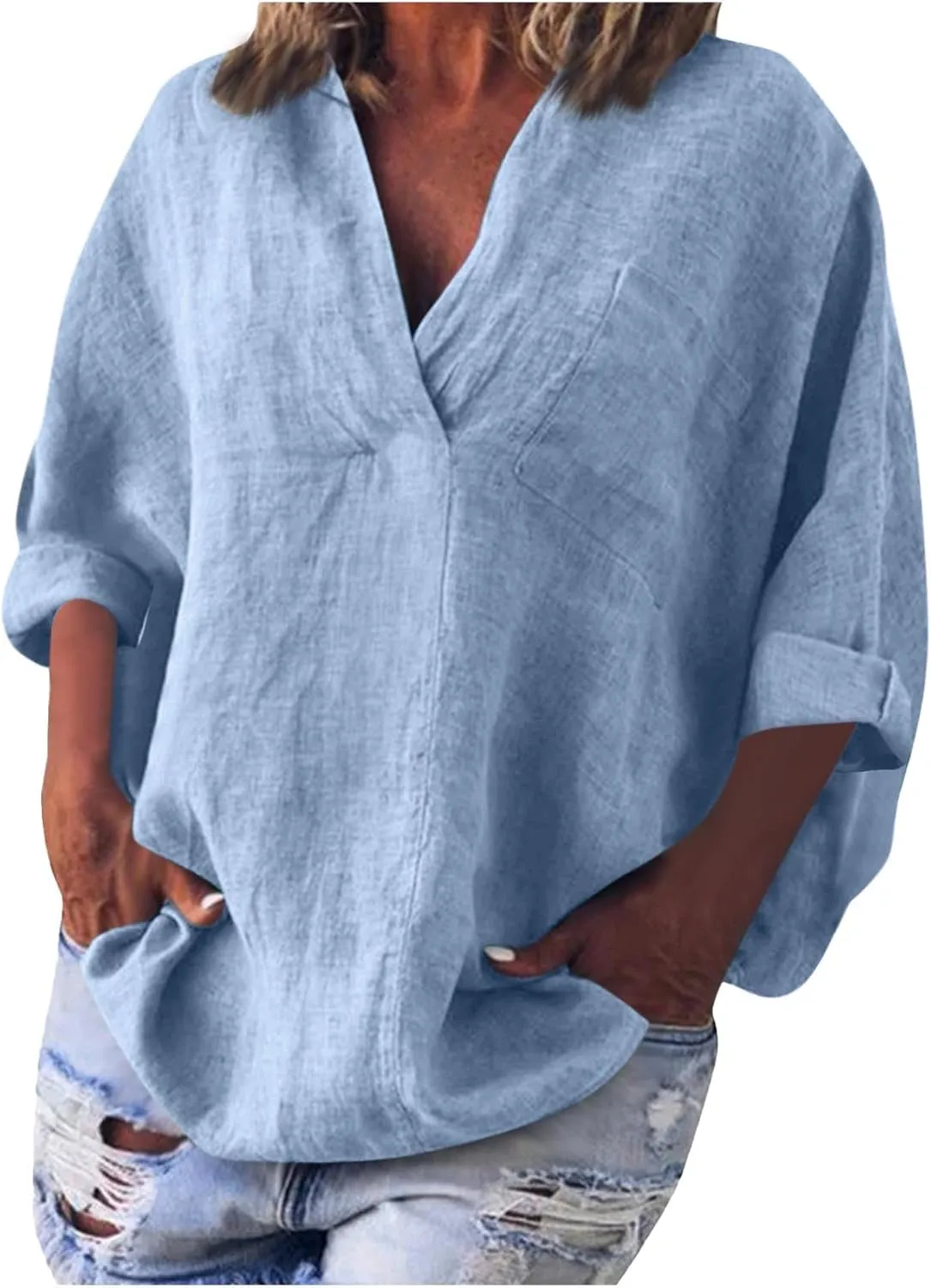 3/4 Sleeve Linen Tops for Women 2025 Oversized Loose Fit V Neck Shirts Summer Casual Beach Tunic Blouse Tee Sun Shirts