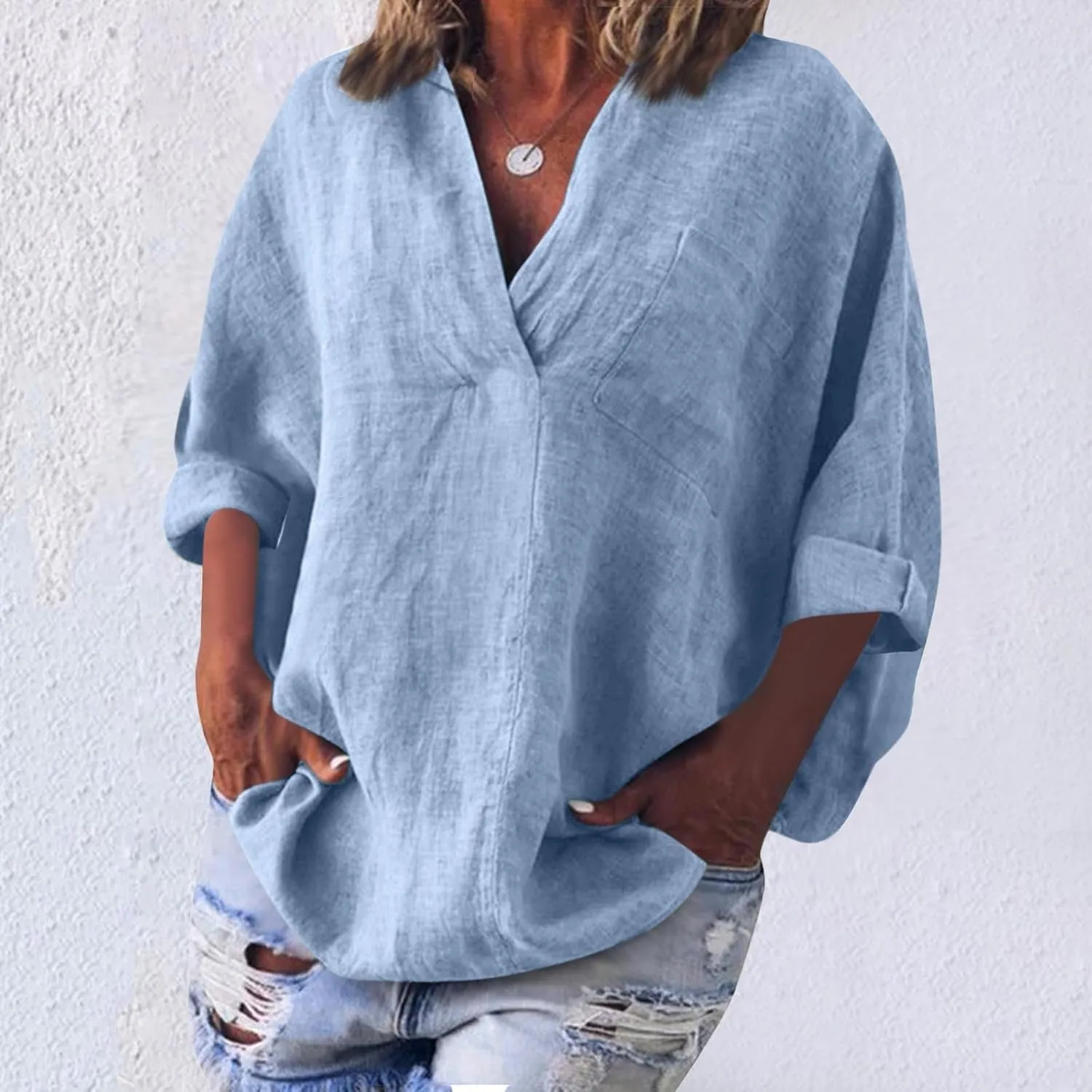3/4 Sleeve Linen Tops for Women 2025 Oversized Loose Fit V Neck Shirts Summer Casual Beach Tunic Blouse Tee Sun Shirts