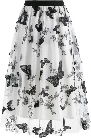 A Line Skirt for Women Retro Mesh Embroidery Tulle Skirts Fashion Elegant Floral Puffy Skirt Pleated Swing Skirts
