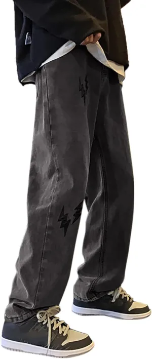 Alalaso Men's Baggy Jeans Casual Hip Hop Cargo Solid Color Loose Fit Straight Wide Leg Vintage Denim Pants with Zipper