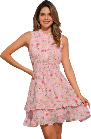 Allegra K Women's Floral Chiffon Dresses Smocked Mini Sleeveless A-Line Dress