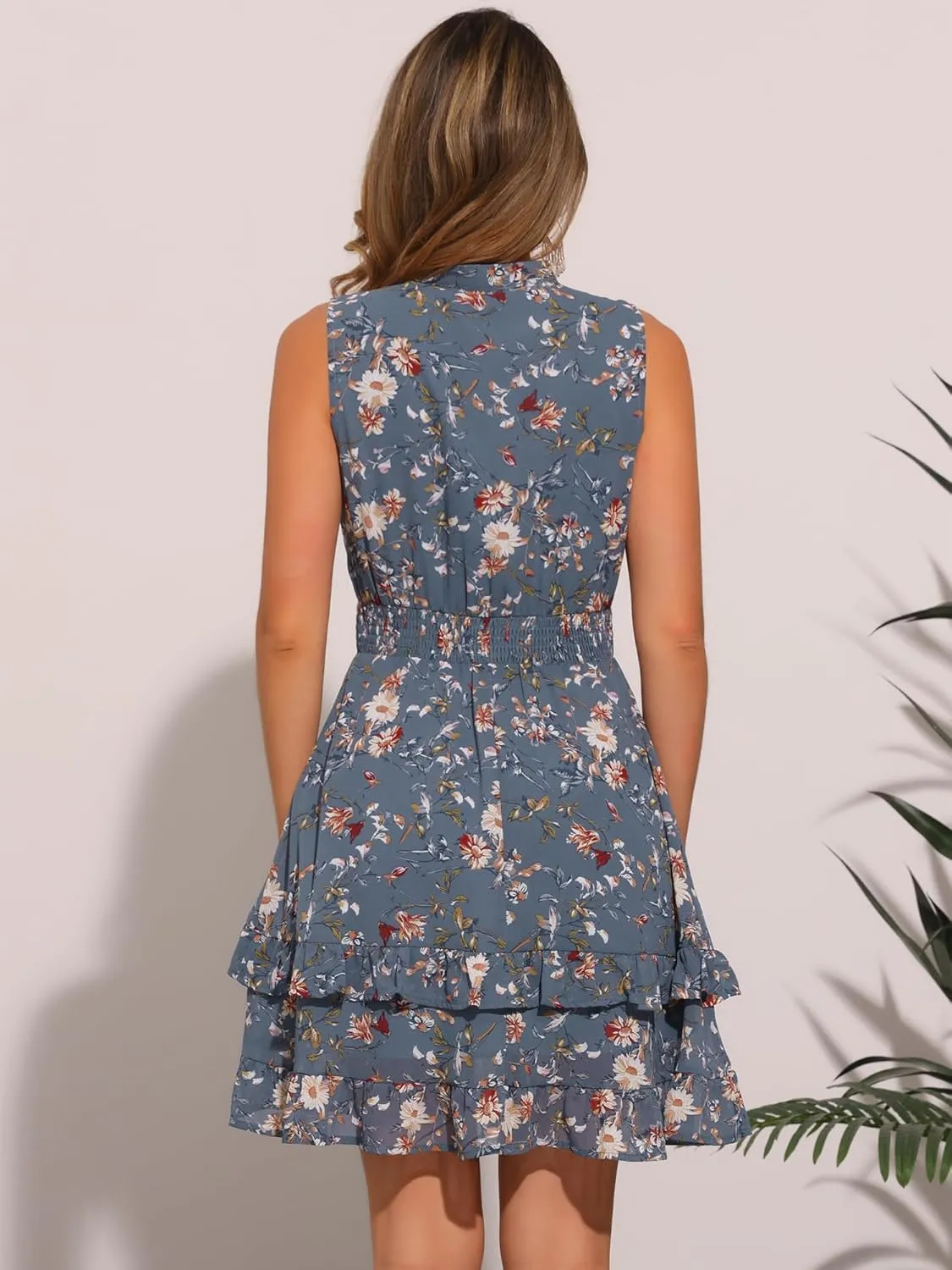 Allegra K Women's Floral Chiffon Dresses Smocked Mini Sleeveless A-Line Dress