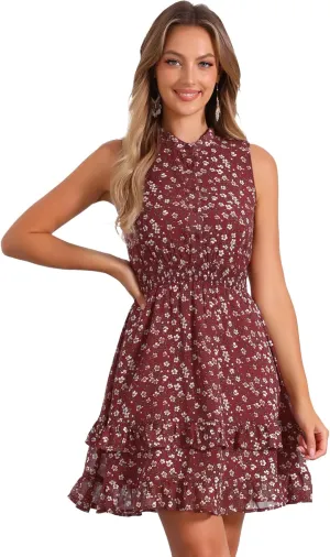 Allegra K Women's Floral Chiffon Dresses Smocked Mini Sleeveless A-Line Dress