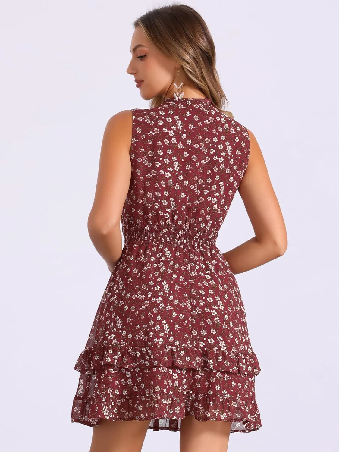 Allegra K Women's Floral Chiffon Dresses Smocked Mini Sleeveless A-Line Dress