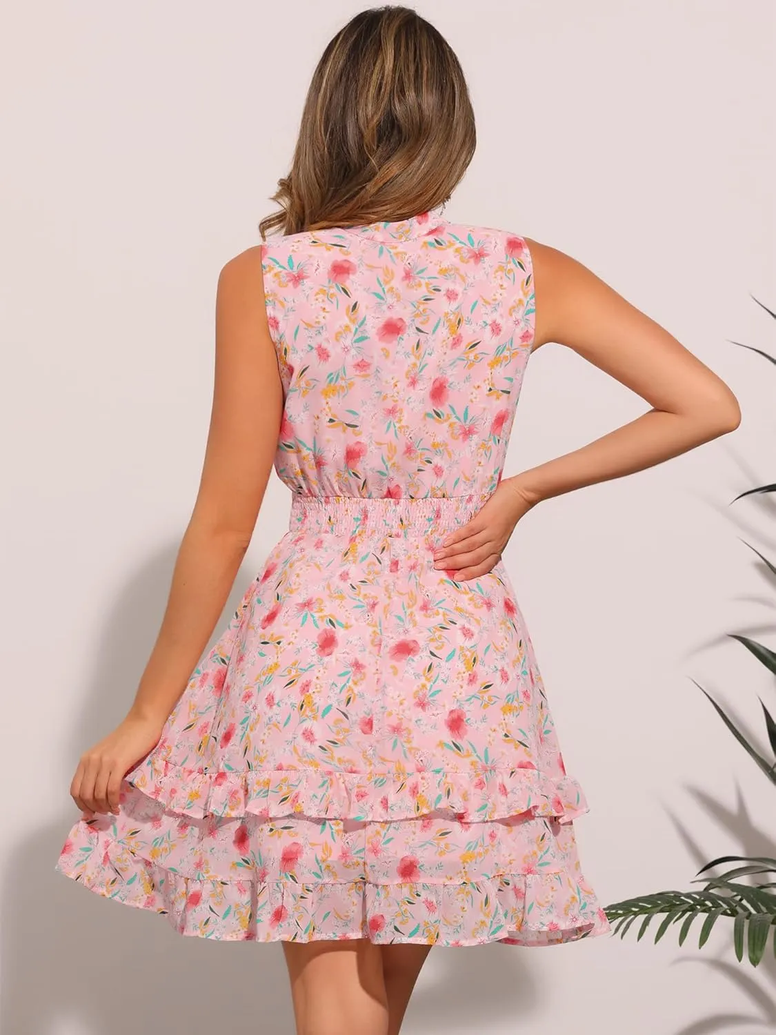 Allegra K Women's Floral Chiffon Dresses Smocked Mini Sleeveless A-Line Dress