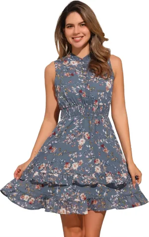 Allegra K Women's Floral Chiffon Dresses Smocked Mini Sleeveless A-Line Dress