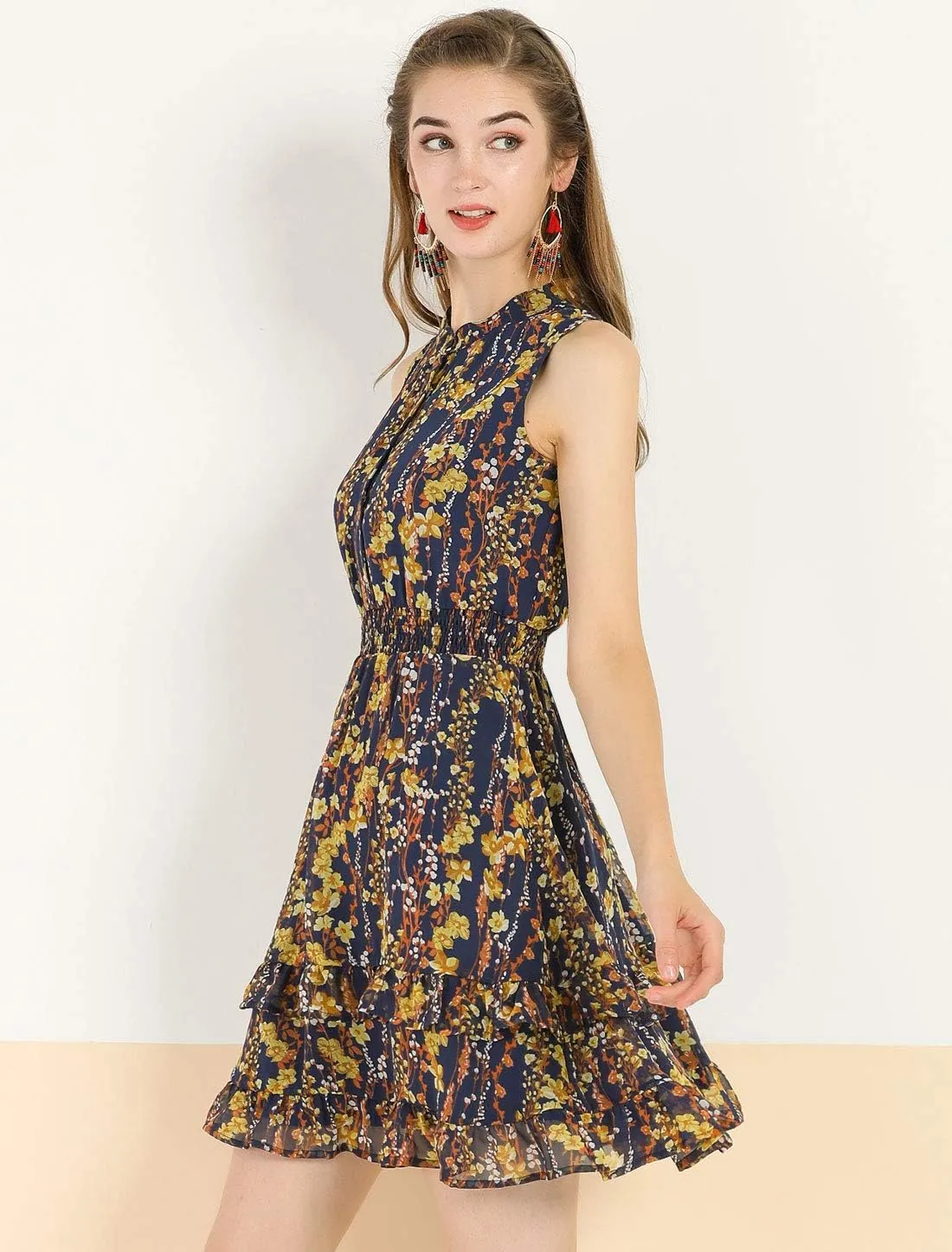 Allegra K Women's Floral Chiffon Dresses Smocked Mini Sleeveless A-Line Dress