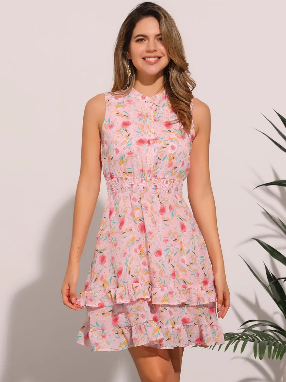 Allegra K Women's Floral Chiffon Dresses Smocked Mini Sleeveless A-Line Dress
