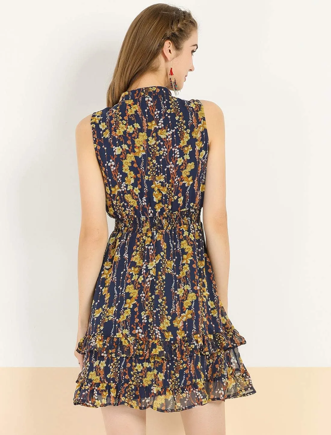 Allegra K Women's Floral Chiffon Dresses Smocked Mini Sleeveless A-Line Dress