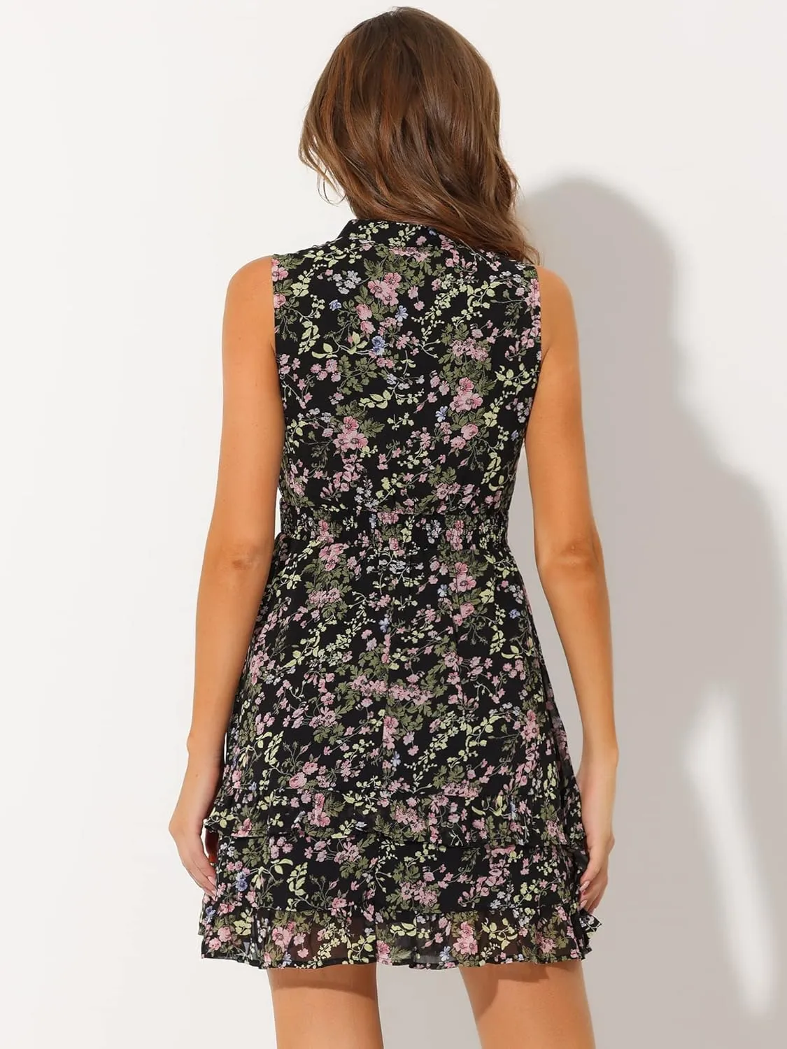 Allegra K Women's Floral Chiffon Dresses Smocked Mini Sleeveless A-Line Dress