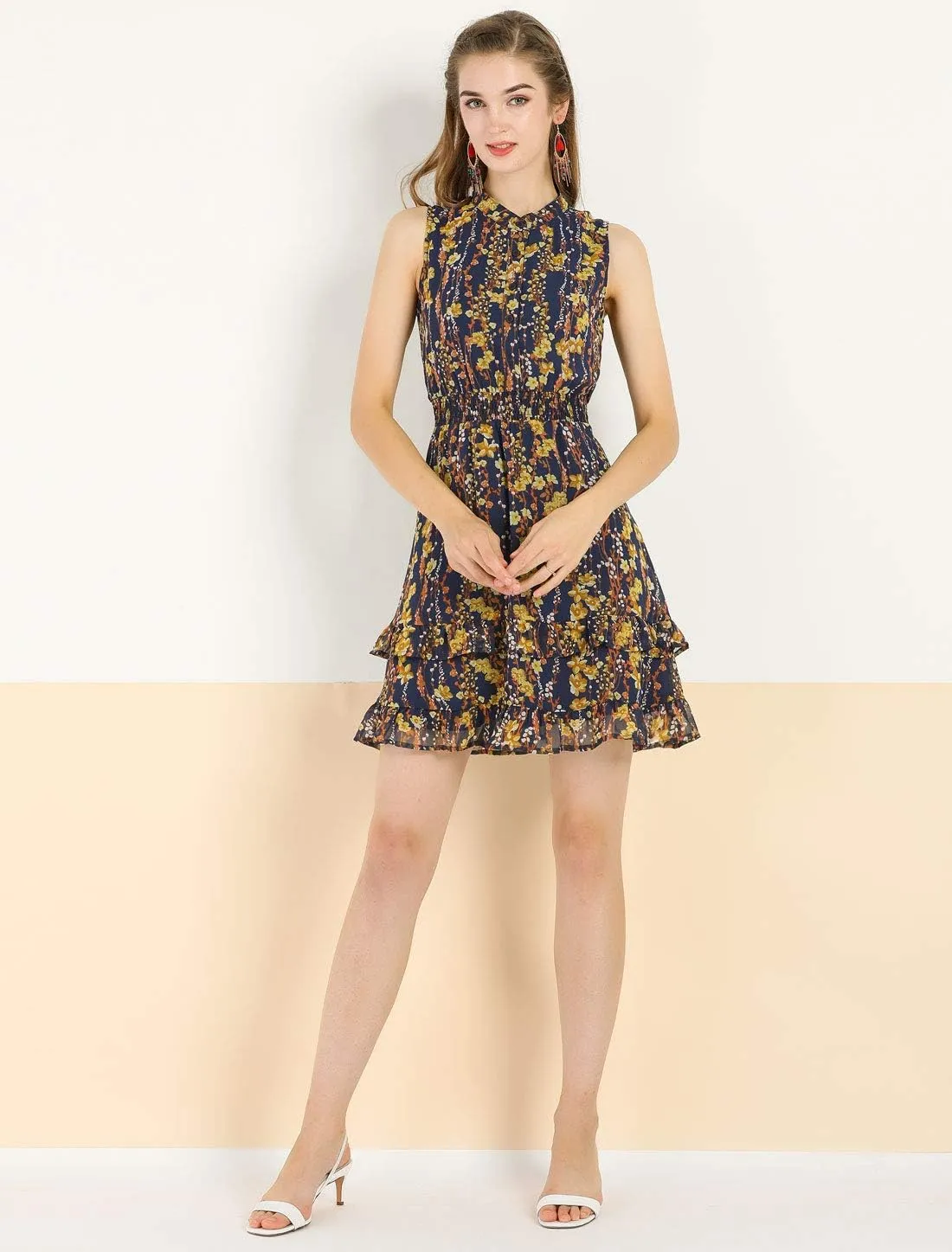 Allegra K Women's Floral Chiffon Dresses Smocked Mini Sleeveless A-Line Dress