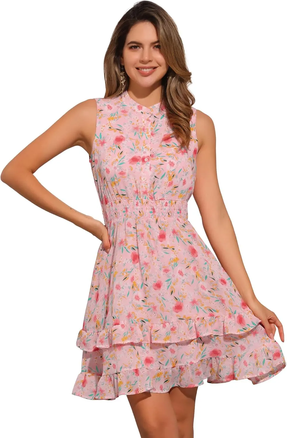 Allegra K Women's Floral Chiffon Dresses Smocked Mini Sleeveless A-Line Dress