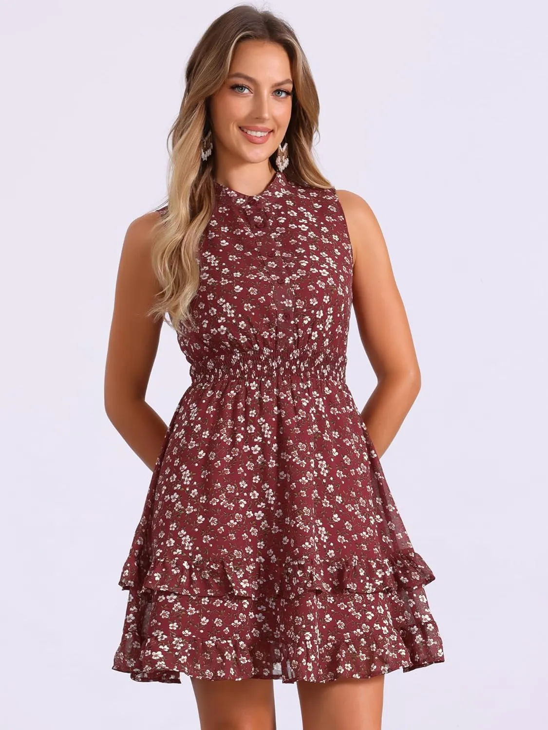 Allegra K Women's Floral Chiffon Dresses Smocked Mini Sleeveless A-Line Dress