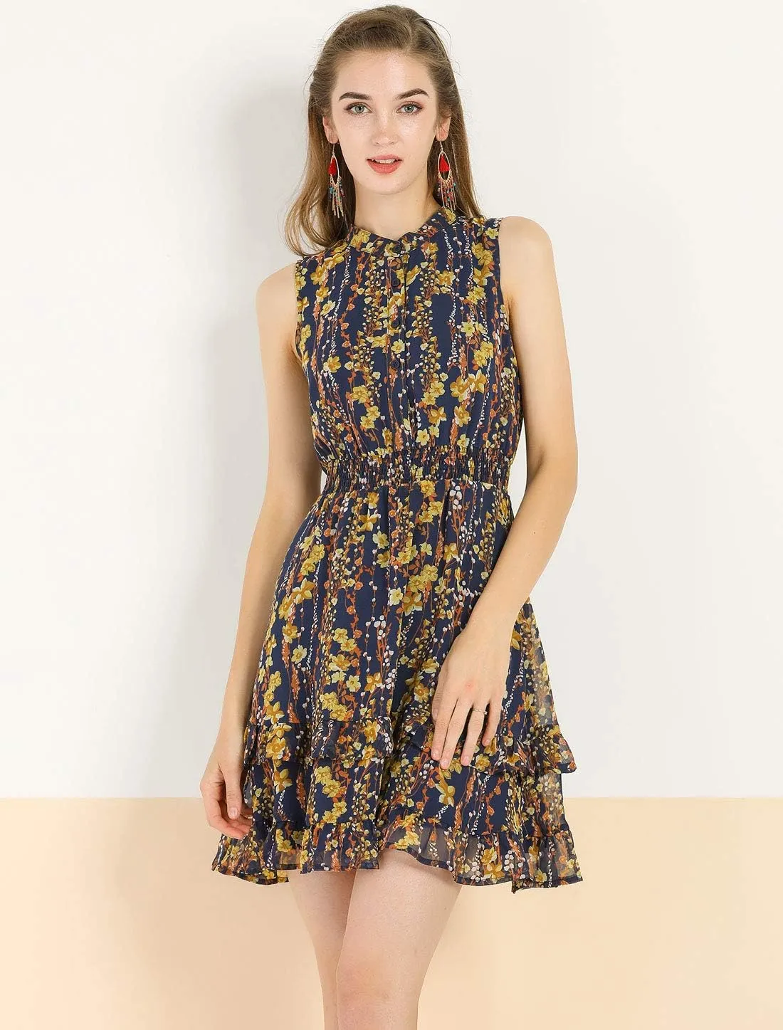 Allegra K Women's Floral Chiffon Dresses Smocked Mini Sleeveless A-Line Dress