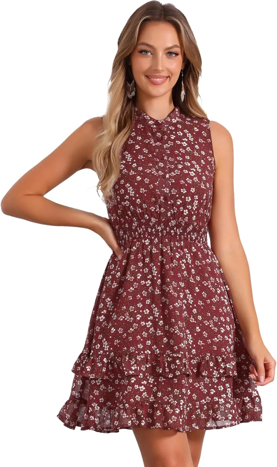 Allegra K Women's Floral Chiffon Dresses Smocked Mini Sleeveless A-Line Dress