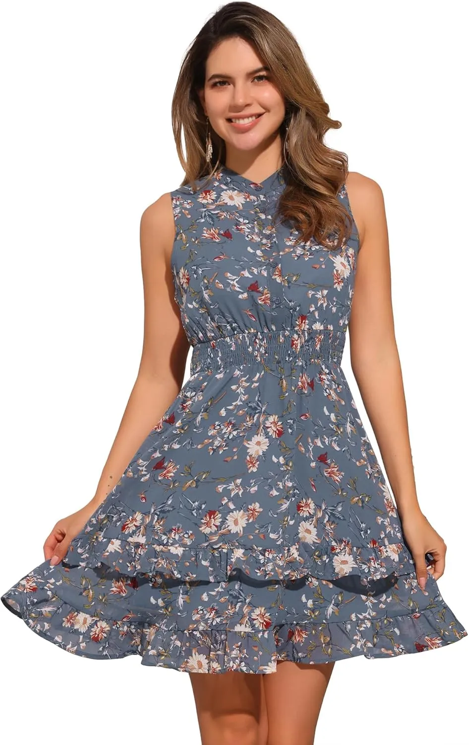 Allegra K Women's Floral Chiffon Dresses Smocked Mini Sleeveless A-Line Dress