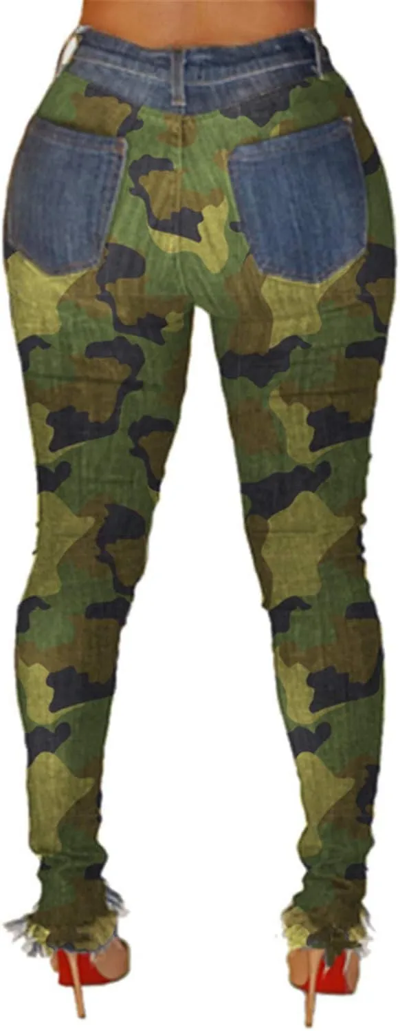 Andongnywell Ladies Ripped high-Waisted Camouflage Jeans with raw Edges Jean Trousers Distressed Camo Denim Pants