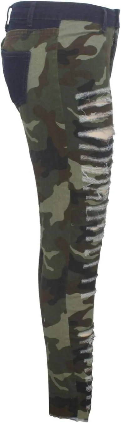 Andongnywell Ladies Ripped high-Waisted Camouflage Jeans with raw Edges Jean Trousers Distressed Camo Denim Pants