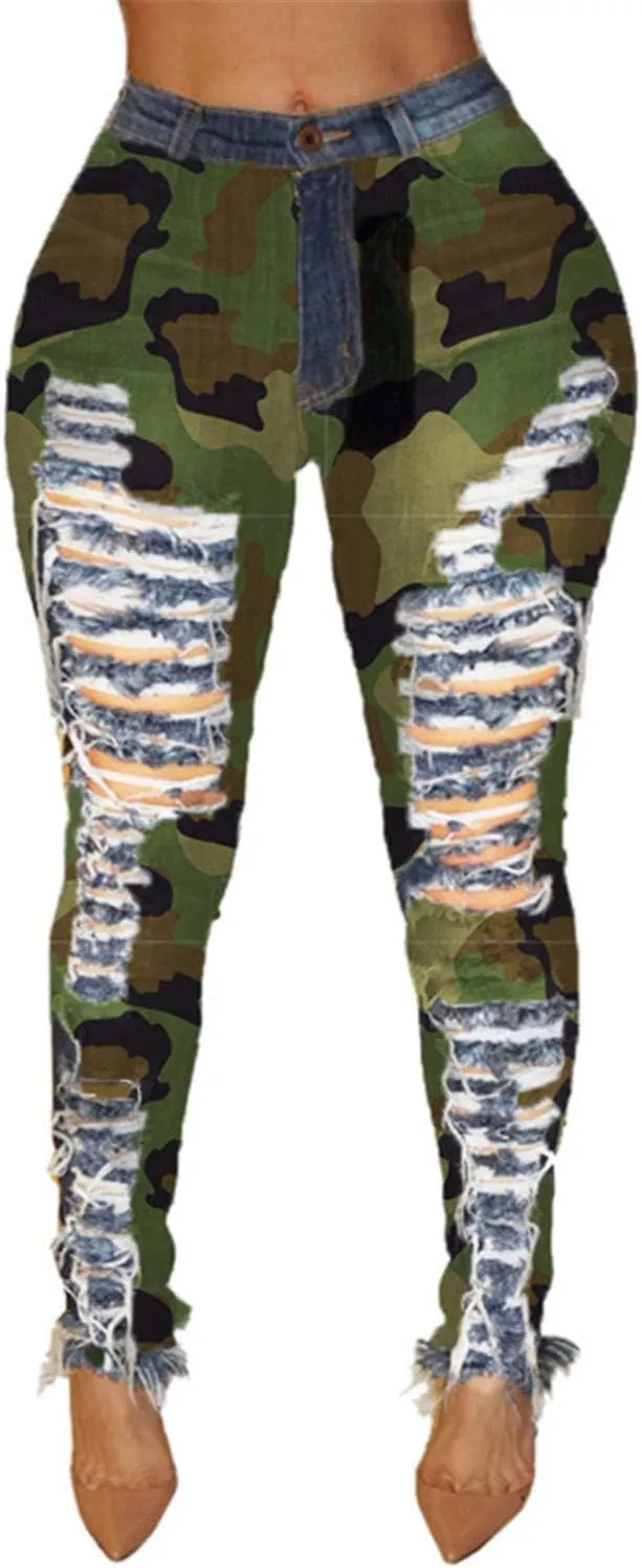 Andongnywell Ladies Ripped high-Waisted Camouflage Jeans with raw Edges Jean Trousers Distressed Camo Denim Pants