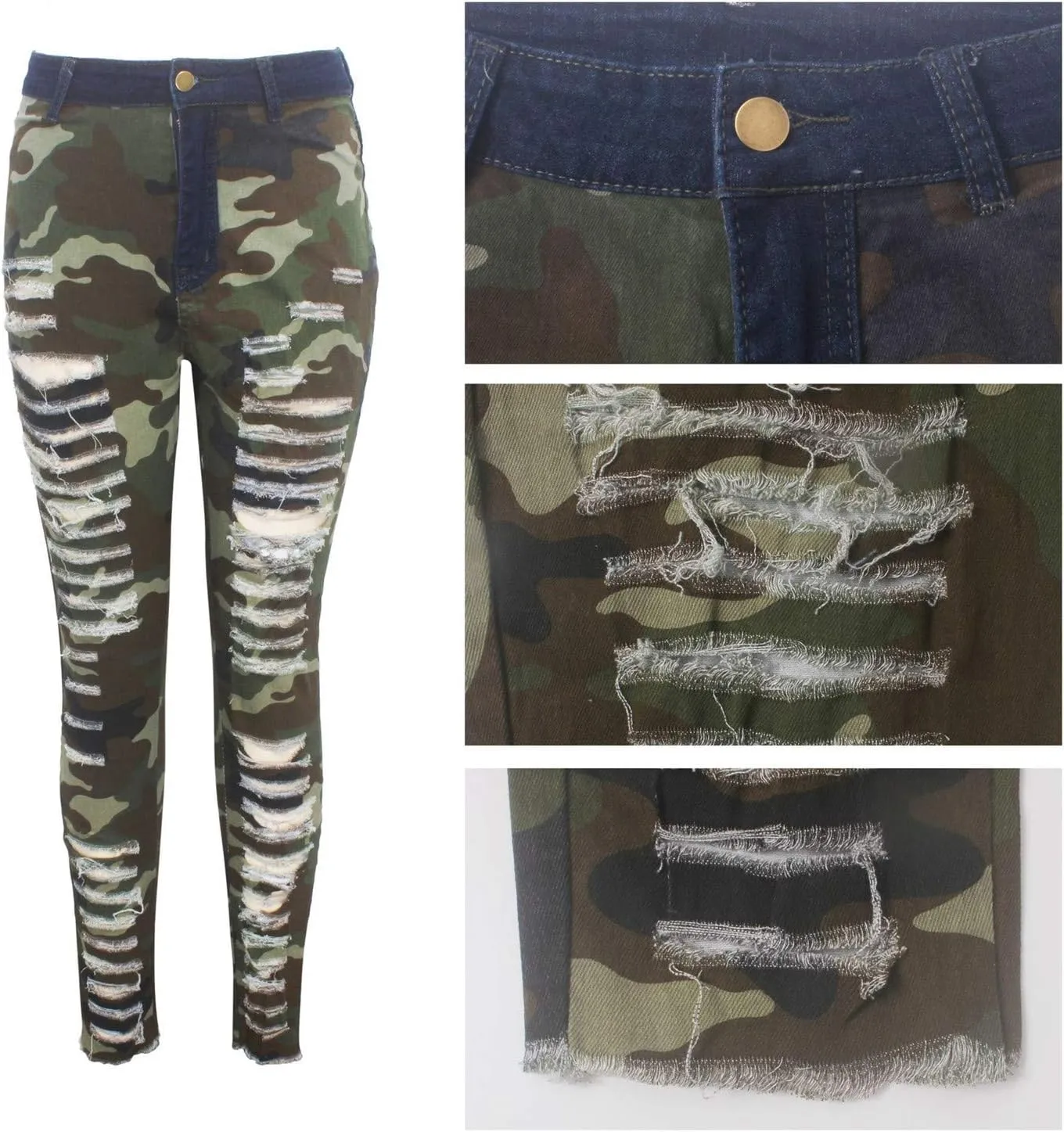 Andongnywell Ladies Ripped high-Waisted Camouflage Jeans with raw Edges Jean Trousers Distressed Camo Denim Pants