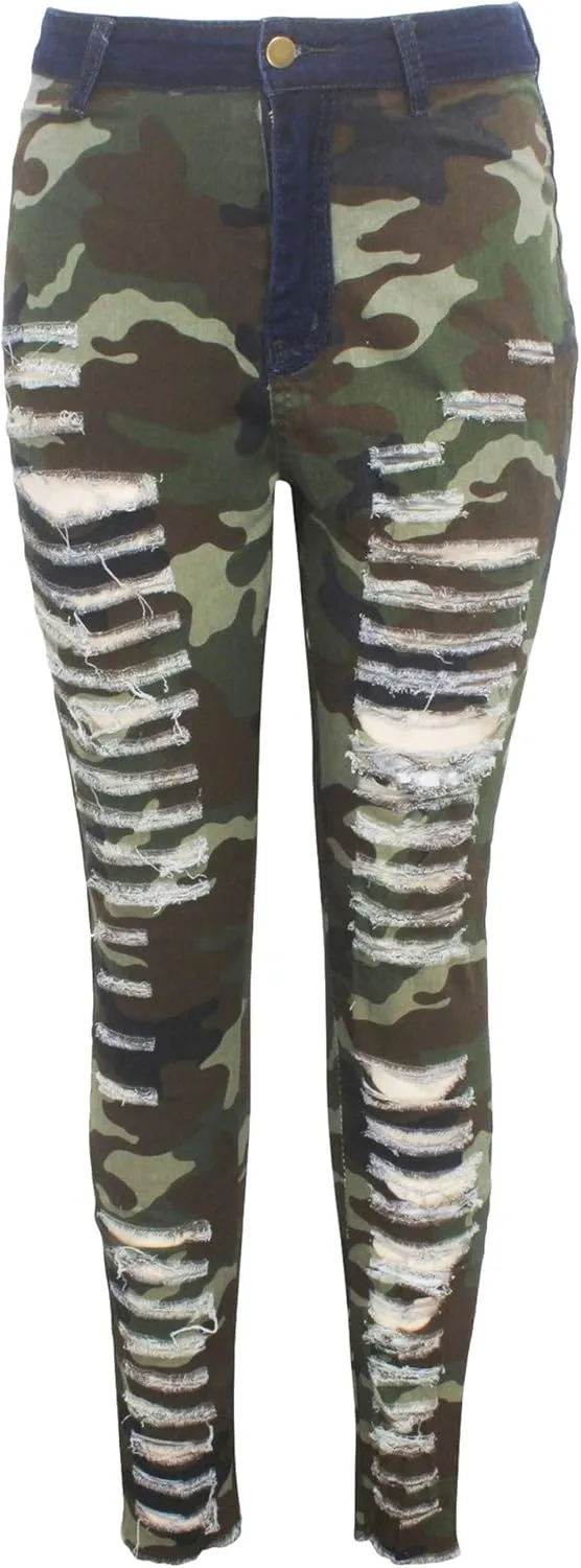 Andongnywell Ladies Ripped high-Waisted Camouflage Jeans with raw Edges Jean Trousers Distressed Camo Denim Pants