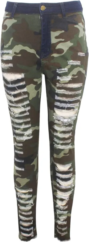 Andongnywell Ladies Ripped high-Waisted Camouflage Jeans with raw Edges Jean Trousers Distressed Camo Denim Pants
