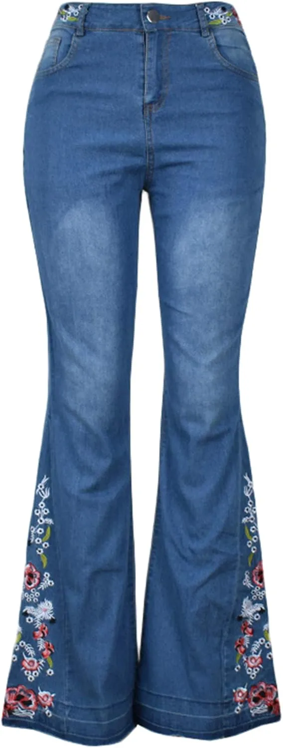 Andongnywell Women's Floral Embroidered Mid Rise Flare Denim Pants Embroidery Bell Bottom Jeans Trousers