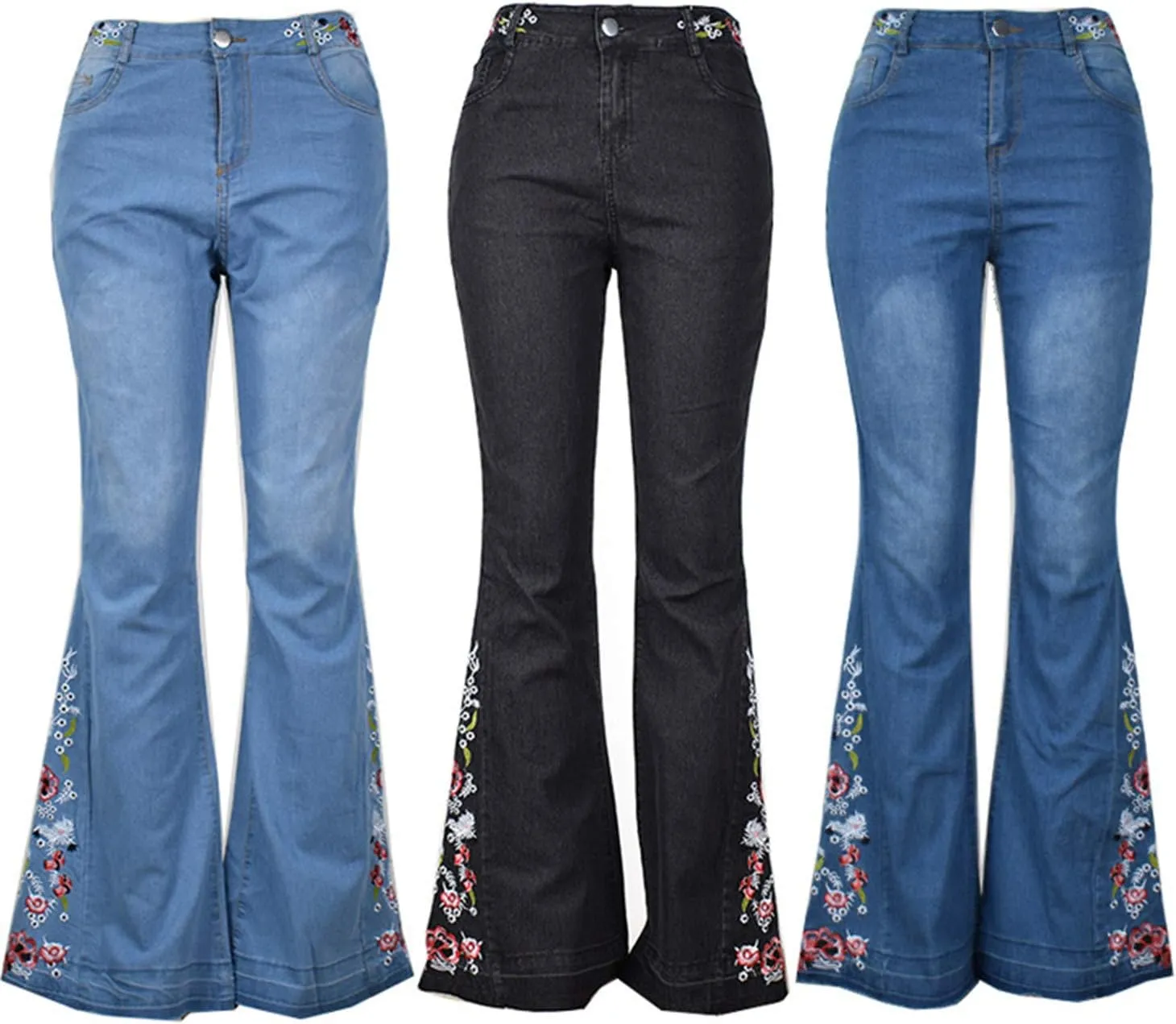 Andongnywell Women's Floral Embroidered Mid Rise Flare Denim Pants Embroidery Bell Bottom Jeans Trousers