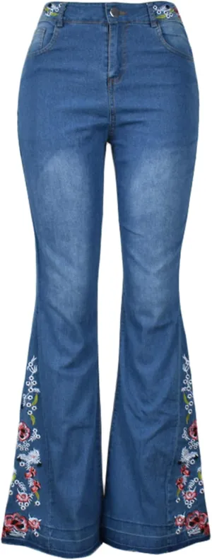 Andongnywell Women's Floral Embroidered Mid Rise Flare Denim Pants Embroidery Bell Bottom Jeans Trousers