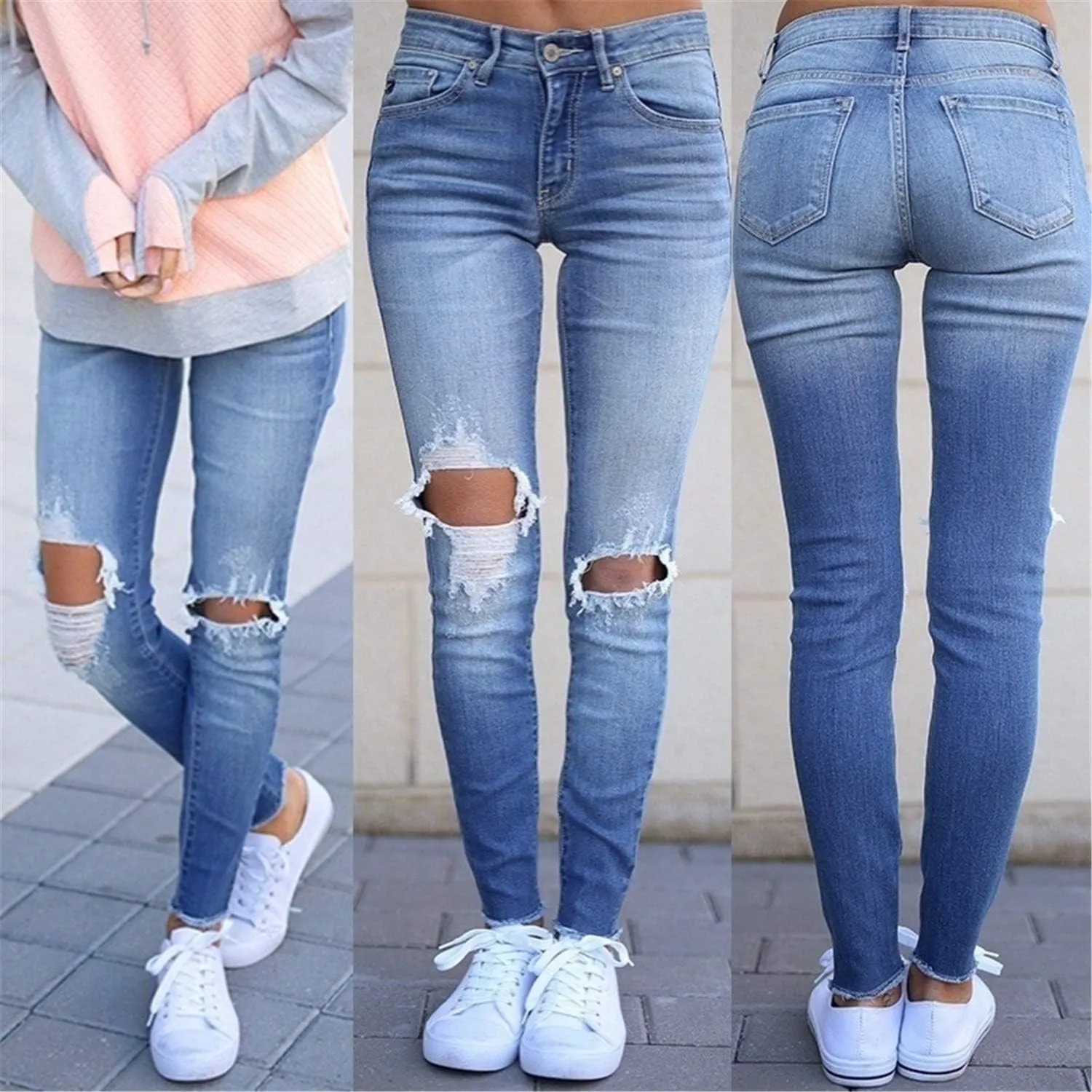 Andongnywell Women's Mid Waisted Stretchy Ripped Skinny Jeans Ladies Distressed Denim Pants Trousers