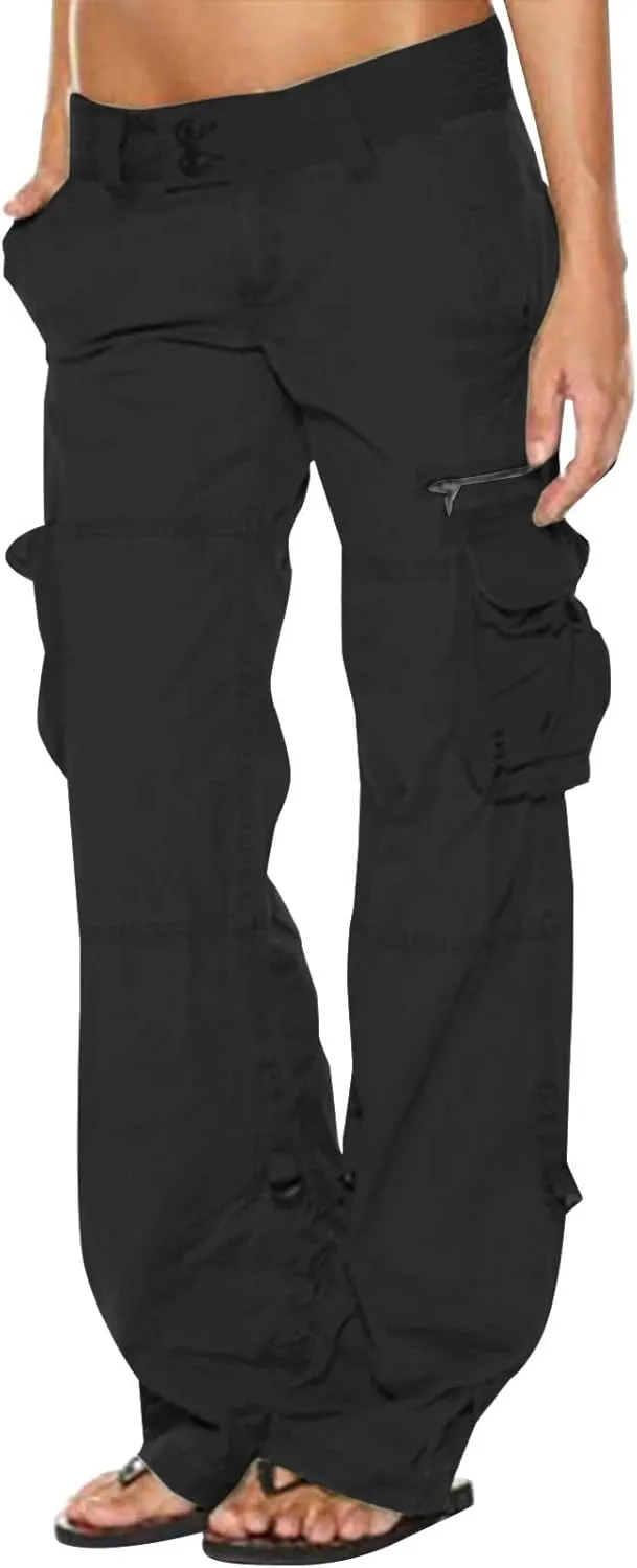 Anjikang Women's Cargo Pants Teen Girl Y2K Trendy High Waist Parachute Pants Baggy Wide Leg Trousers Hiking Pants with Pocket