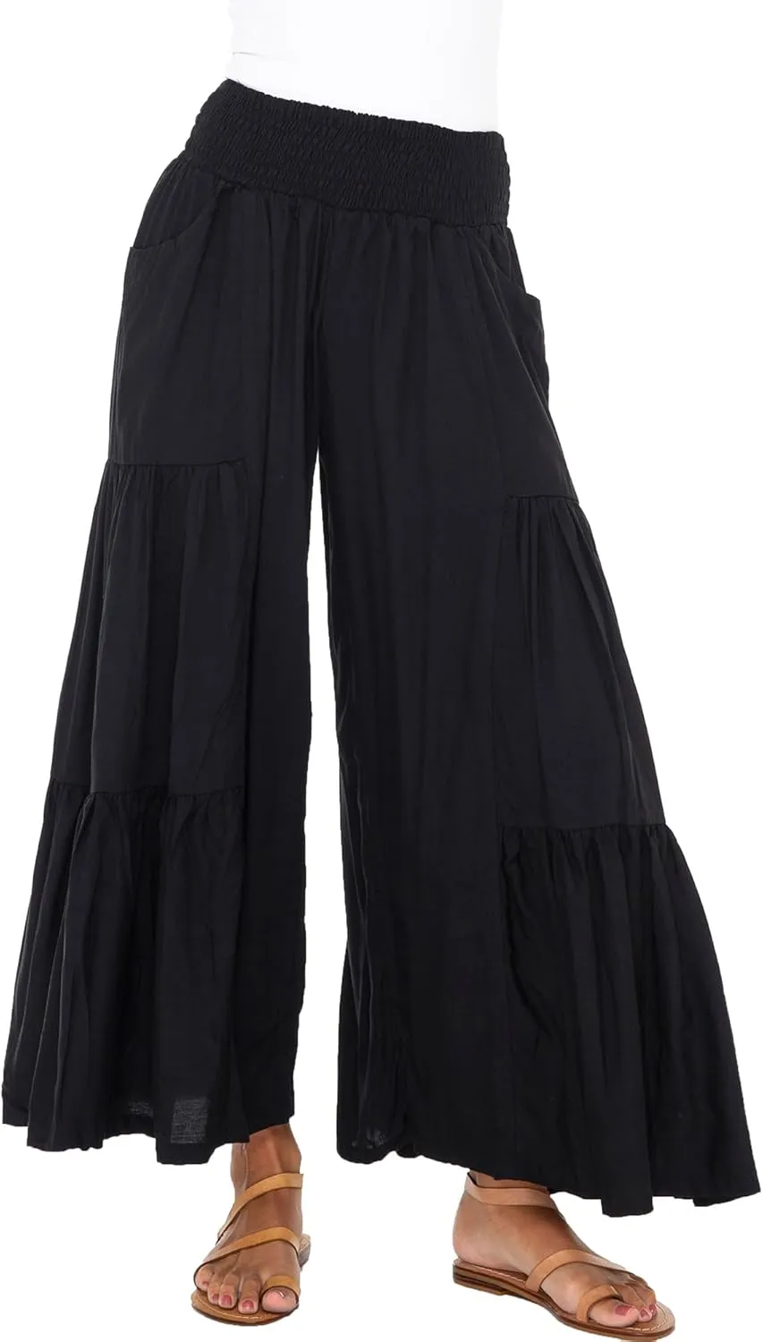 Back From Bali Womens Boho Ruffle Wide Leg High Waist Palazzo Pants with Pockets