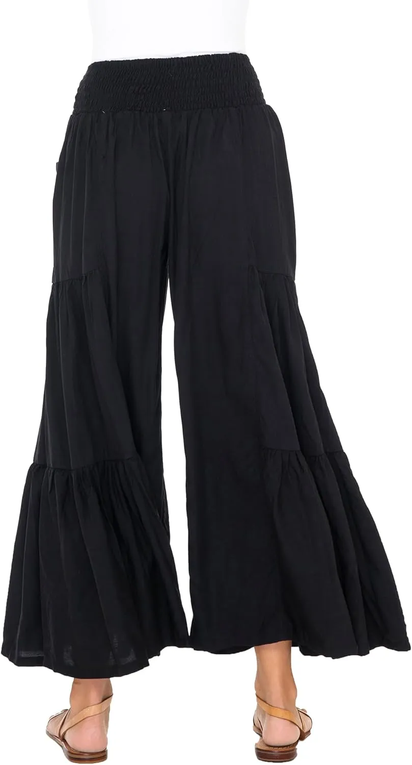 Back From Bali Womens Boho Ruffle Wide Leg High Waist Palazzo Pants with Pockets