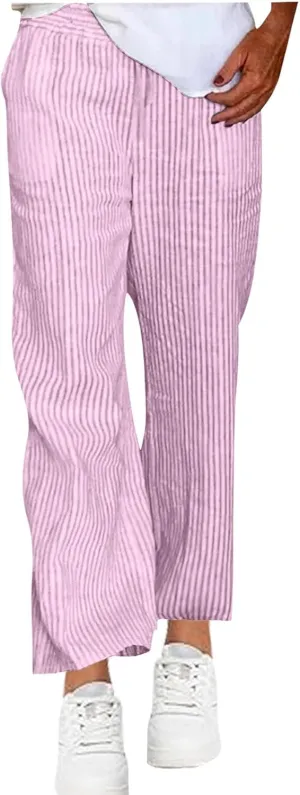 Baggy Wide Leg Pants Women High Waisted Drawstring Striped Straight Trousers Summer Flowy Casual Pant with Pockets