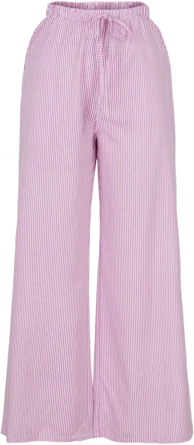 Baggy Wide Leg Pants Women High Waisted Drawstring Striped Straight Trousers Summer Flowy Casual Pant with Pockets