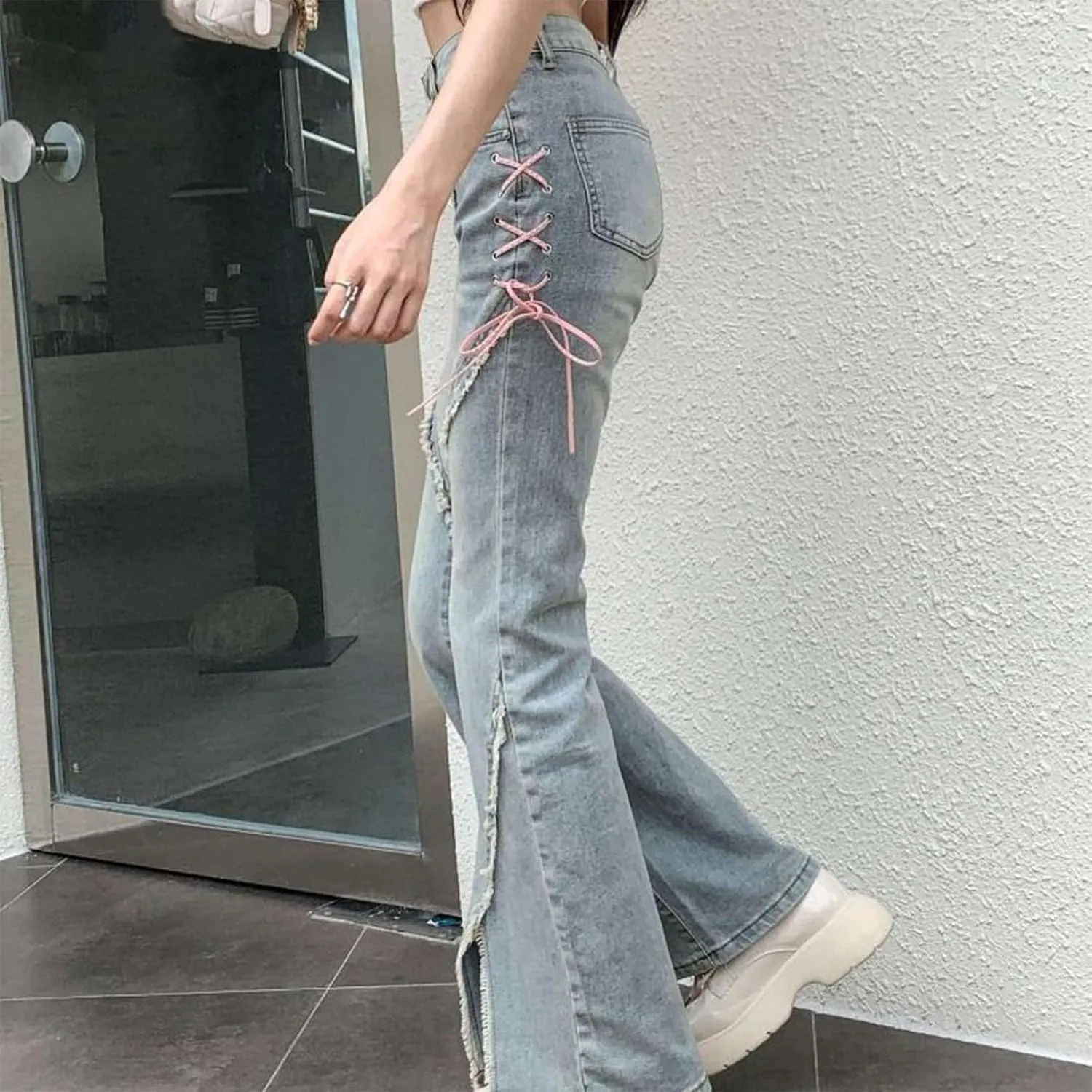Bell Bottom Jeans for Women Ripped Skinny Bell Bottom Ladies Elastic Skinny Flared Raw Hem Flare Denim Pants
