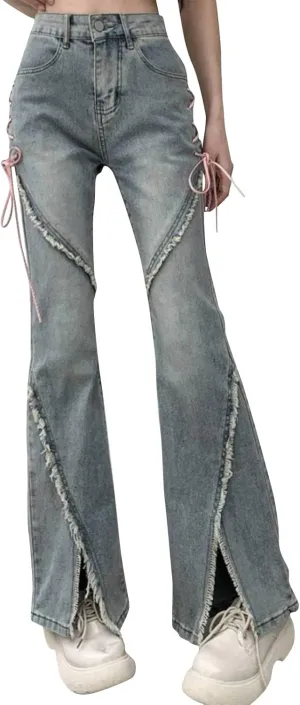 Bell Bottom Jeans for Women Ripped Skinny Bell Bottom Ladies Elastic Skinny Flared Raw Hem Flare Denim Pants