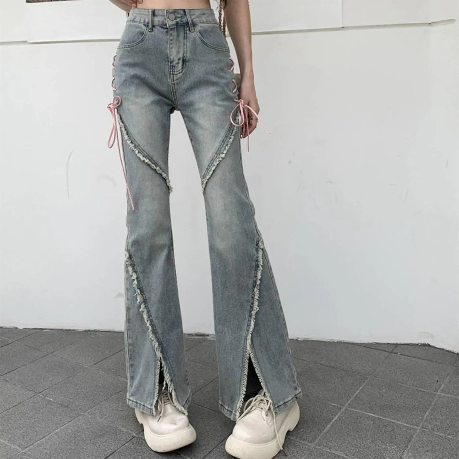 Bell Bottom Jeans for Women Ripped Skinny Bell Bottom Ladies Elastic Skinny Flared Raw Hem Flare Denim Pants
