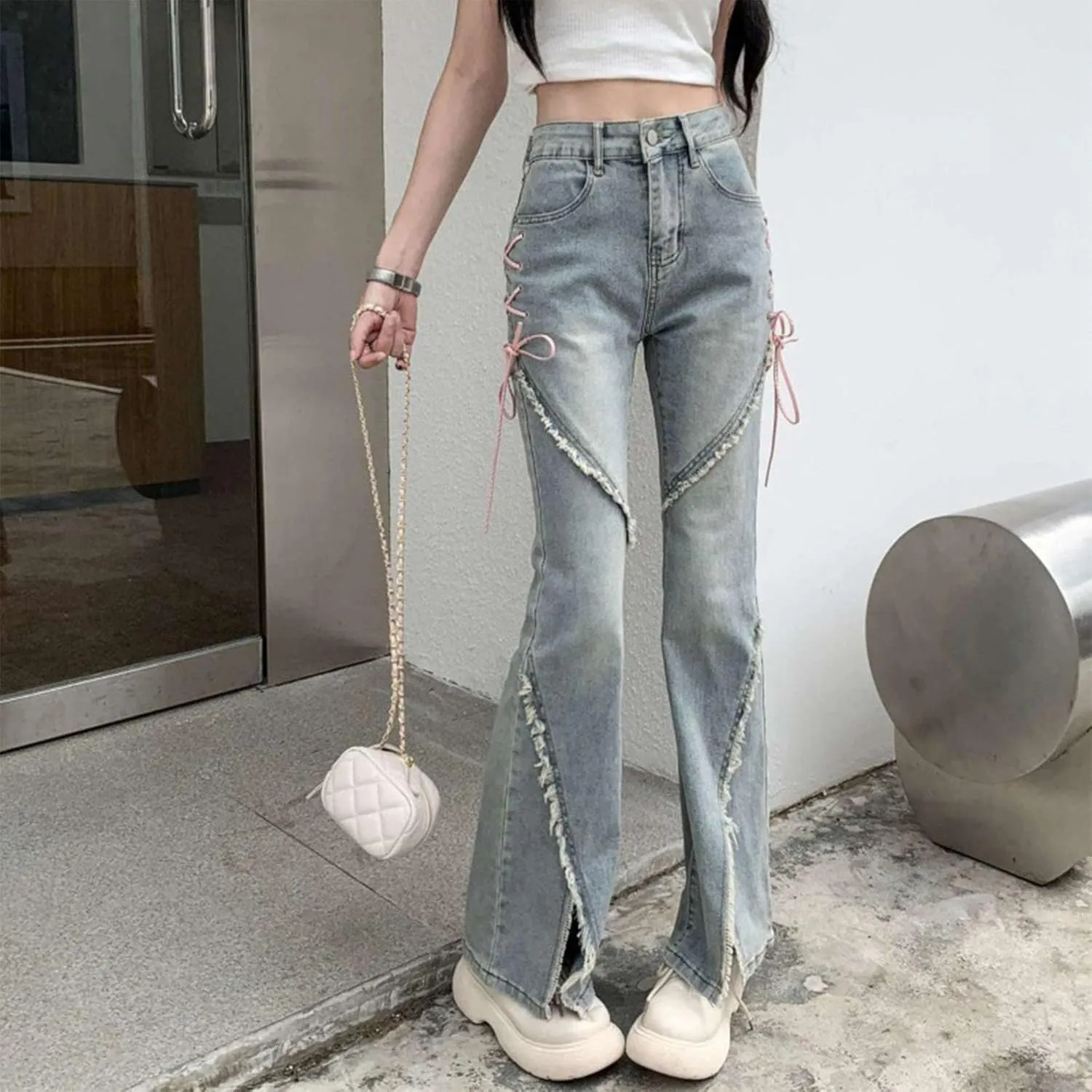 Bell Bottom Jeans for Women Ripped Skinny Bell Bottom Ladies Elastic Skinny Flared Raw Hem Flare Denim Pants