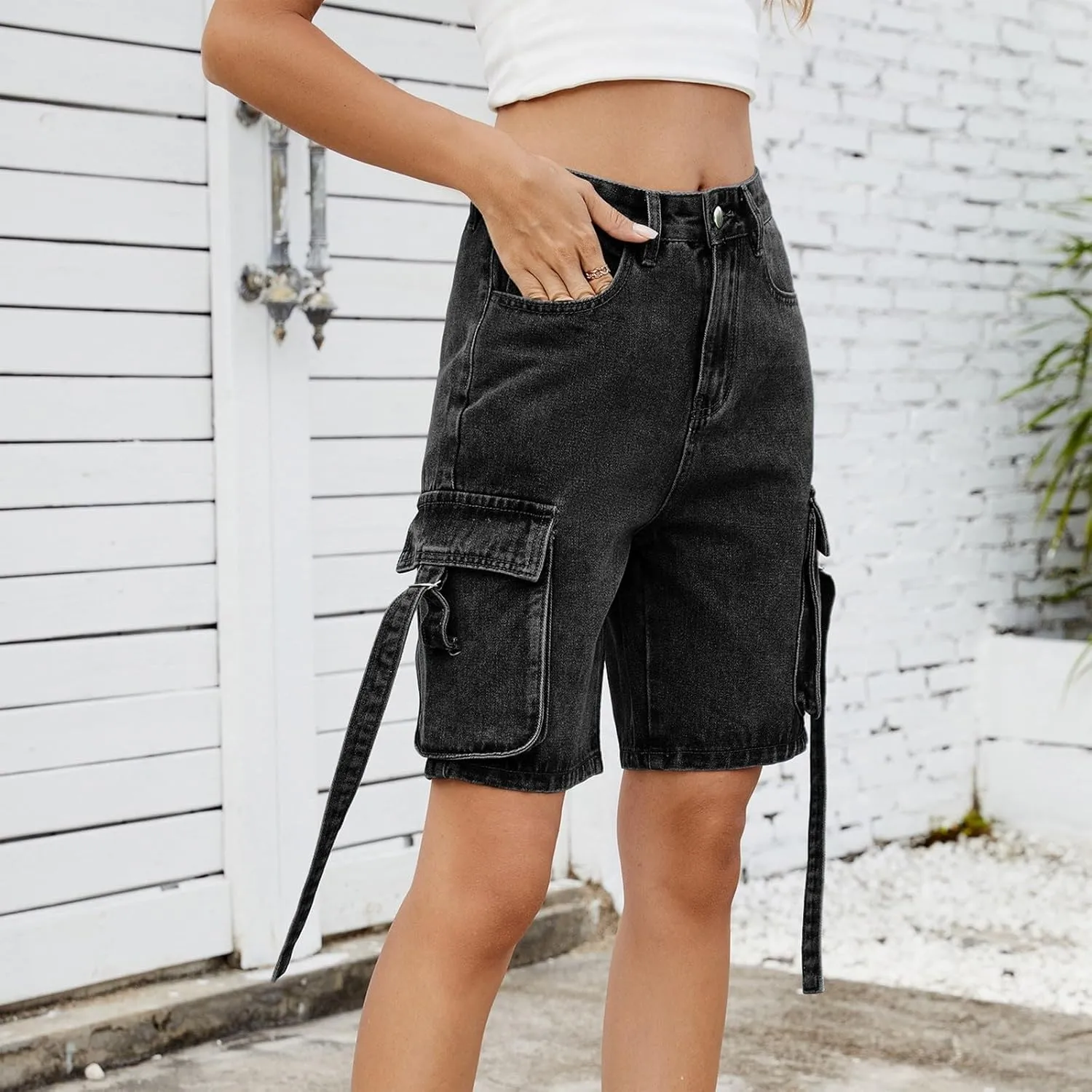 Bermuda Jean Shorts for Women High Waisted Trendy Stretchy Denim Shorts Knee Length Cropped Loose Fit Long Short