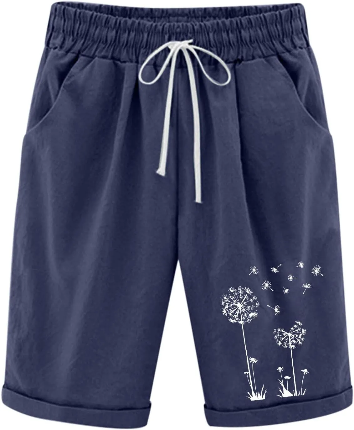 Bermuda Shorts for Women High Waisted Cotton Linen Elastic Drawstring Summer Shorts Casual Loose Fit Dandelion Print