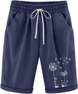 Bermuda Shorts for Women High Waisted Cotton Linen Elastic Drawstring Summer Shorts Casual Loose Fit Dandelion Print
