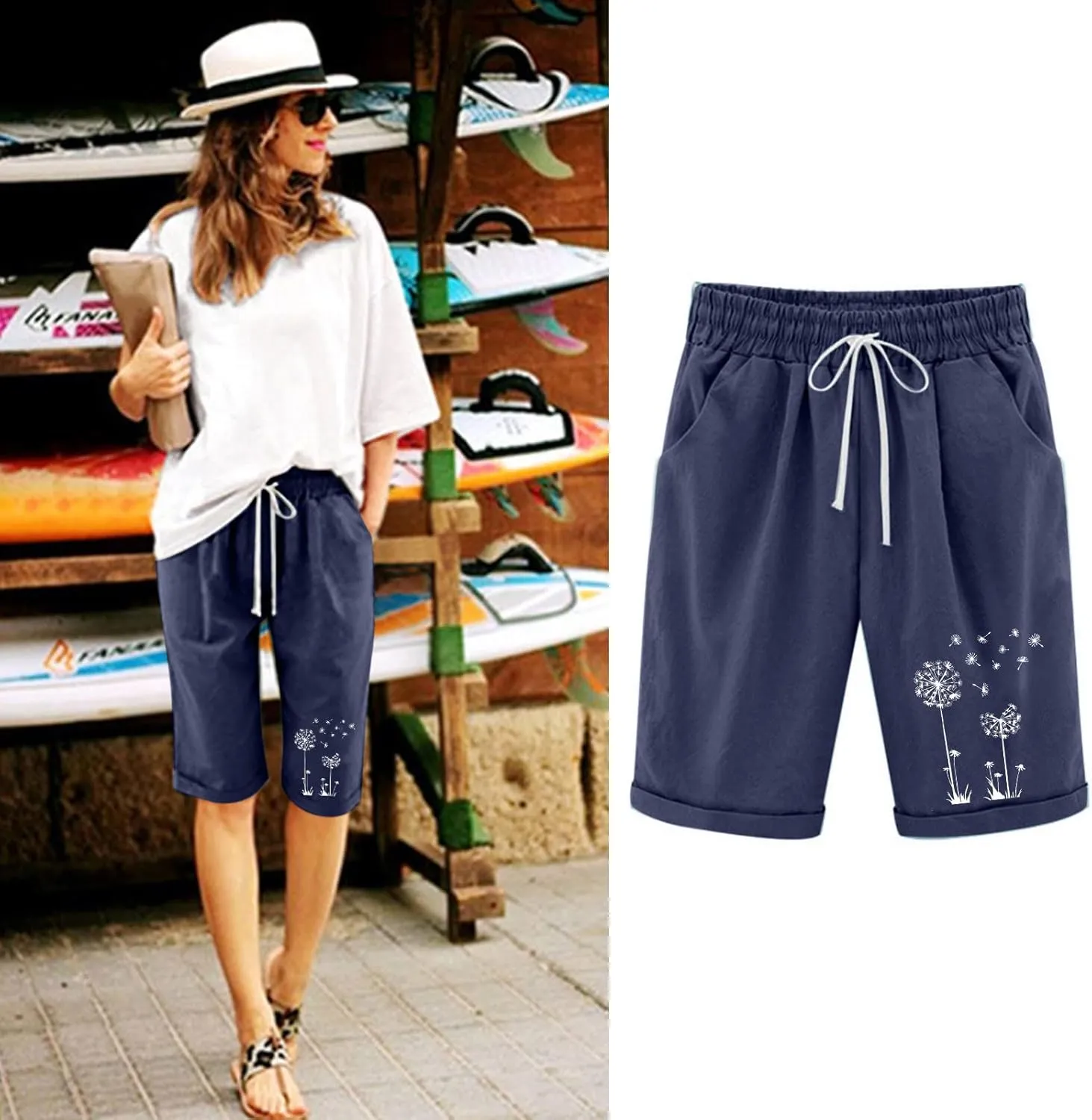 Bermuda Shorts for Women High Waisted Cotton Linen Elastic Drawstring Summer Shorts Casual Loose Fit Dandelion Print
