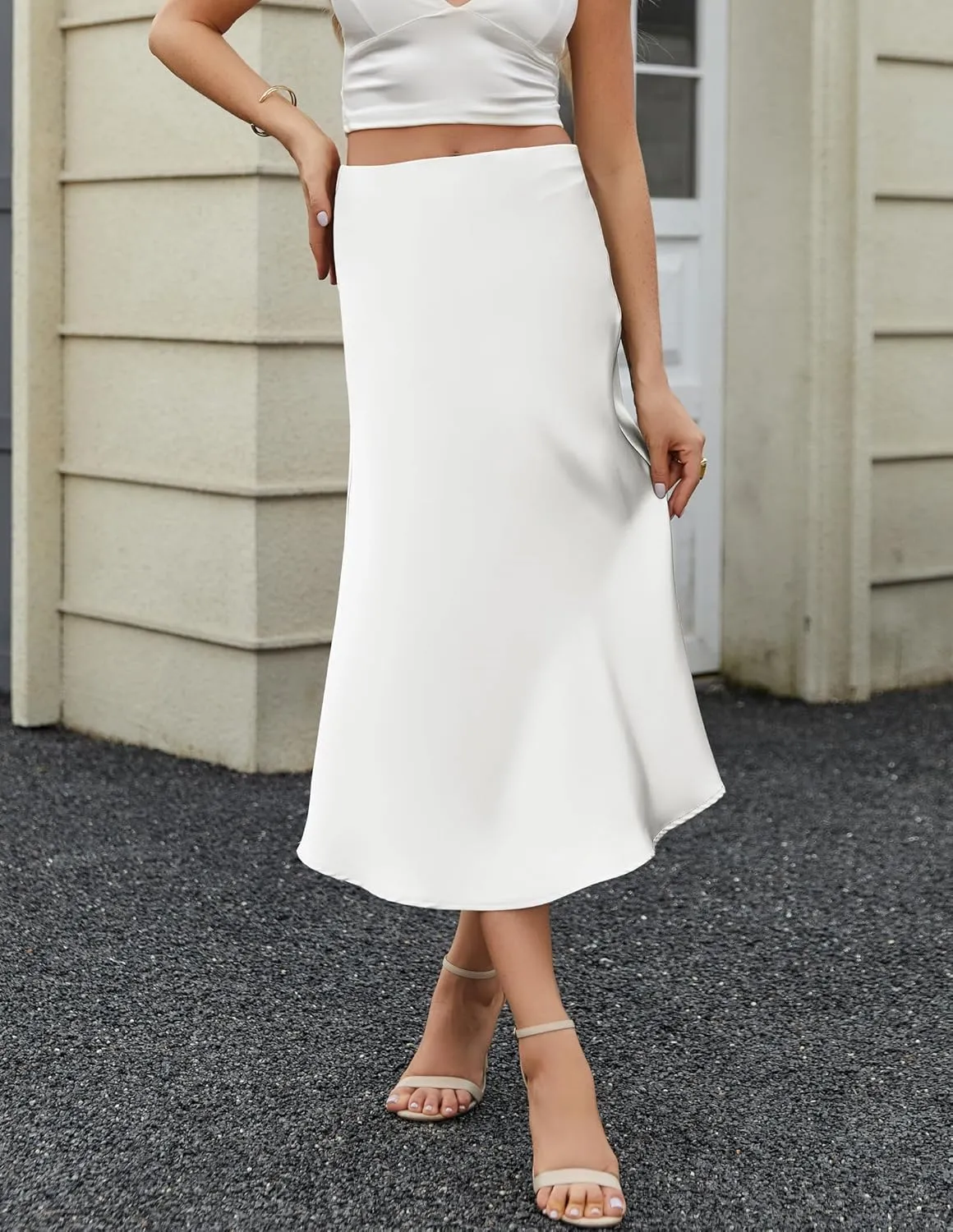 Bluetime Womens Satin Skirt Elastic High Waisted Silk Midi Skirts Dressy Casual A line Long Skirt